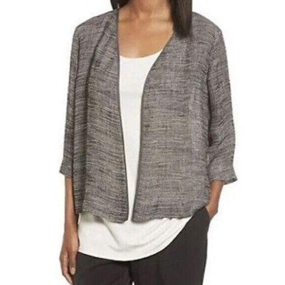 EILEEN FISHER Women’s Black Gray Organic Linen Gauze Strata Kimono Jacket Size M - Picture 1 of 8